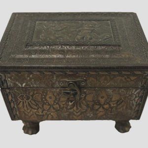 Brass Plate Trinket Box Treasure Chest Unique Lid Latch Angels Rustic Footed